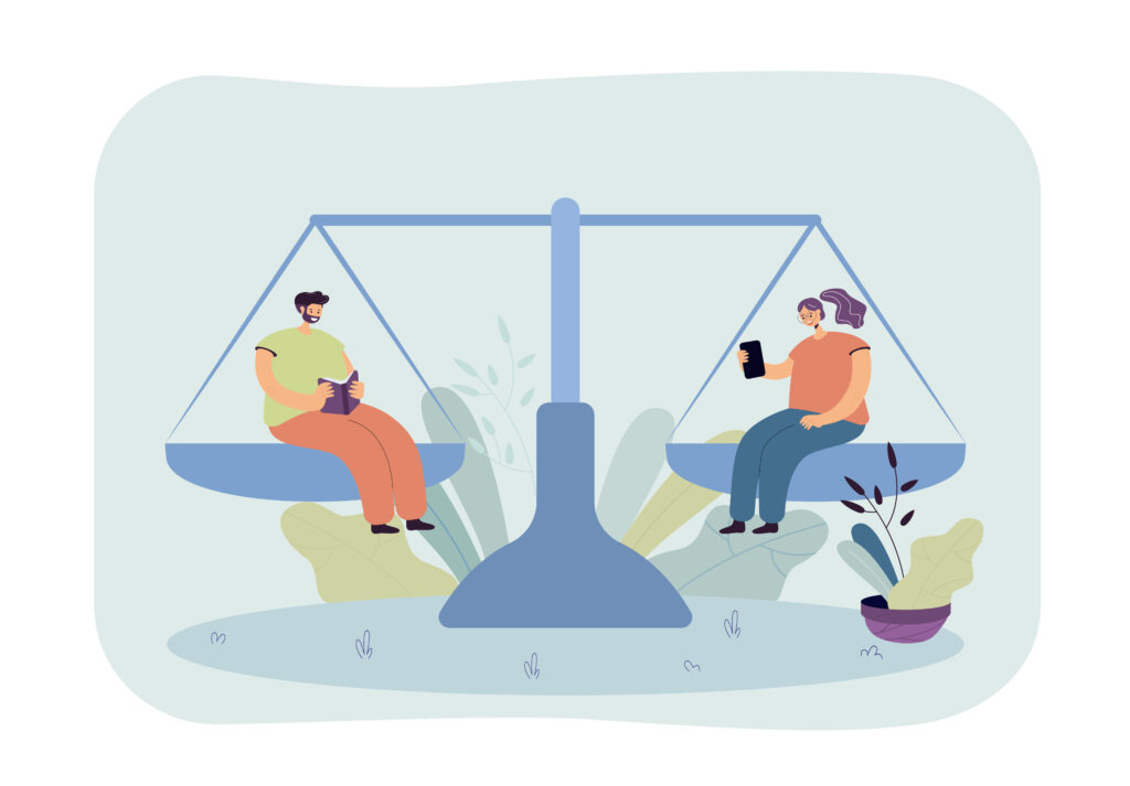 Man with book and woman with phone on scales