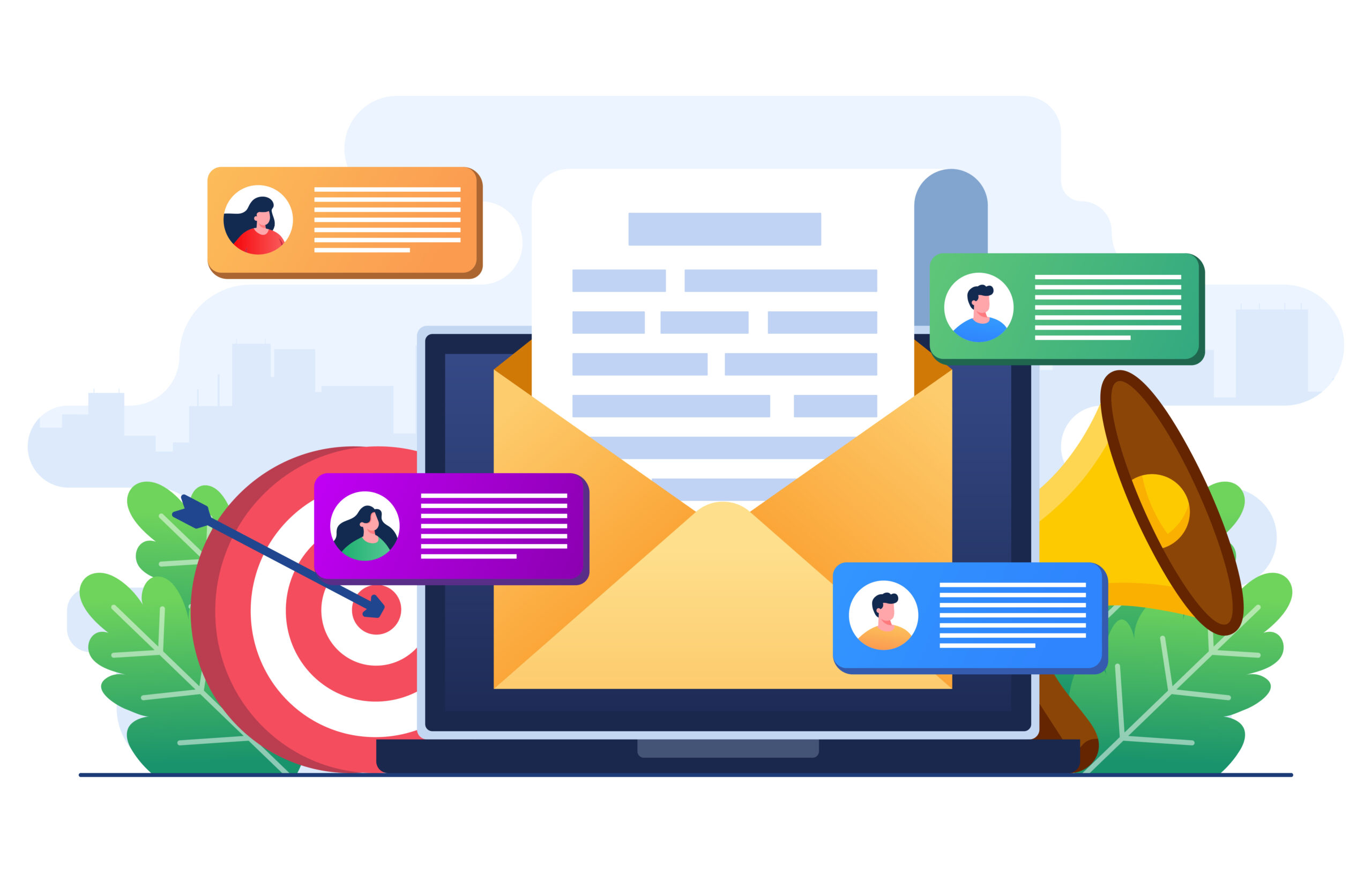 Illustration of an email with a screen behind, showing different personal cards and a dartboard behind and a megaphone, illustrating the concept of email personalisation.