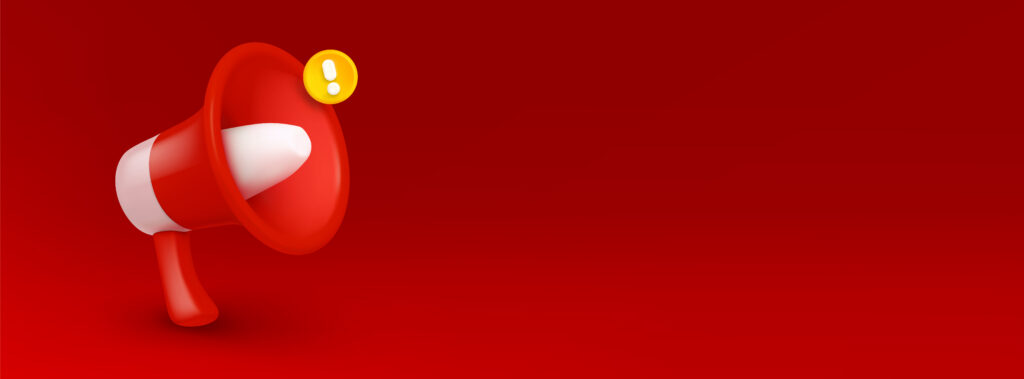 Loudspeaker, megaphone on red background with a yellow exclamation mark.