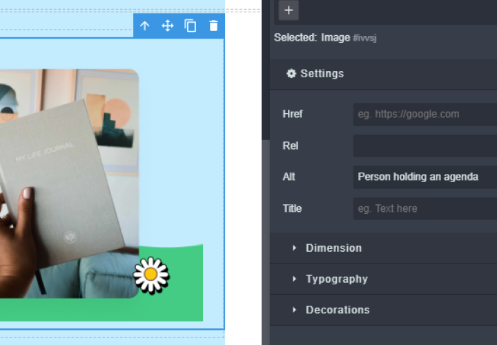 How to achieve EAA compliance for Mautic users 1 GrapeJS Email editor interface highlighting an image of a person holding a journal, with the alt text field set to 'Person holding an agenda'.