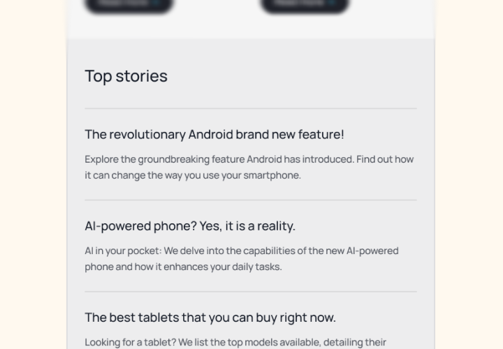 How to achieve EAA compliance for Mautic users 3 Newsletter section titled 'Top stories' with a list of article headlines and brief descriptions.