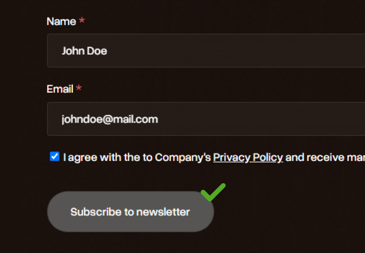 How to achieve EAA compliance for Mautic users 4 Newsletter subscription form with fields for name and email, and a checked box to agree with the privacy policy. The subscribe button has an accessibility checkmark.