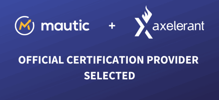 Dark background with mautic logo, a white + sign and axelerant logo with text underneath saying 'Official certification provider selected'